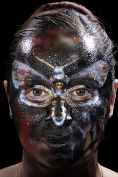 Close Body Art Motýl Totenkopf Dívčí Tvář Černém Pozadí Studio — Stock fotografie