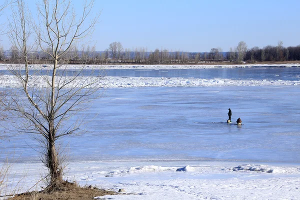 Pescadores Paisaje Invierno Hielo Del Río Pesca Día Soleado —  Fotos de Stock