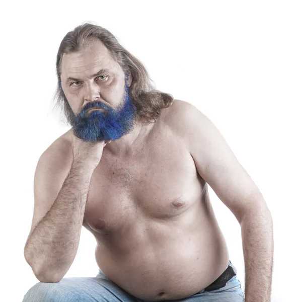 Zbliżenie Portret Dorosłego Mężczyzny Długimi Włosami Niebieską Brodą Nagim Tułowiem — Zdjęcie stockowe