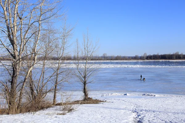 Vinter Landskap Fiskare Floden Pimpel Solig Dag Stockbild