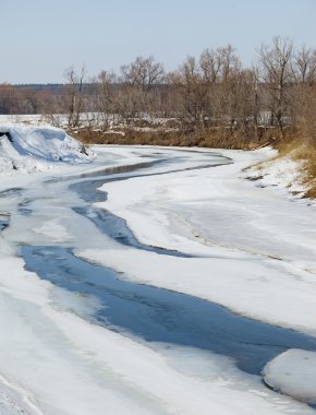 Sahilde yaprakları olmayan manzaralı nehir ağaçları ve güneşli bir baharın erken saatlerinde eriyen kar ve buzlar.