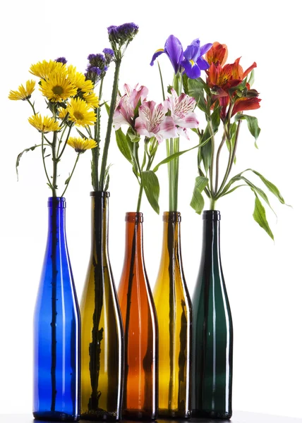 Beautiful flowers in colorful bottles — Stock Photo, Image