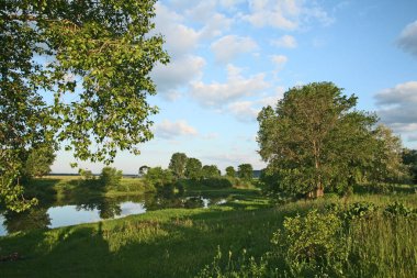Yaz manzarası sabahın erken saatlerinde nehirde ve bulutlar suyun aynalı yüzeyine yansıdı.