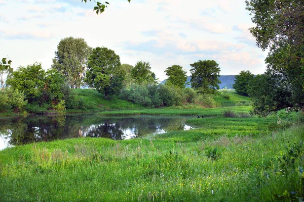 Paysage Estival Tôt Matin Sur Rivière Nuages Reflétés Dans Surface — Photo