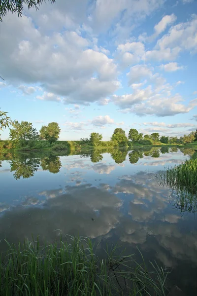 Paesaggio Estivo Mattino Presto Sul Fiume Nuvole Riflesse Nella Superficie — Foto Stock