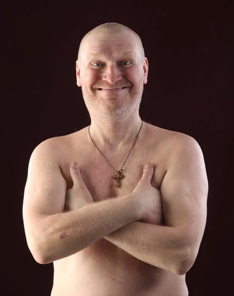 Close Portrait Belt Adult Bald Man Naked Torso Cross His — Stock Photo, Image