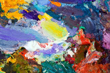 makro ressamın paleti, dokusu farklı renklerde ve doygunluk stüdyosunda karışık yağlı boya.