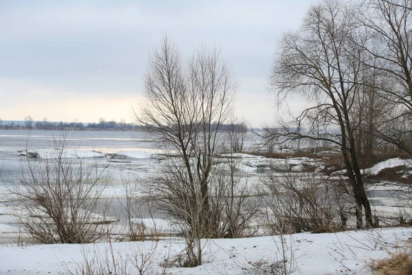 Landschap Ijs Drijven Rivier Het Vroege Voorjaar Een Bewolkte Dag — Stockfoto