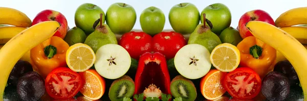 Närbild Diverse Mogna Frukter Och Grönsaker Spegel Yta Vit Bakgrund — Stockfoto