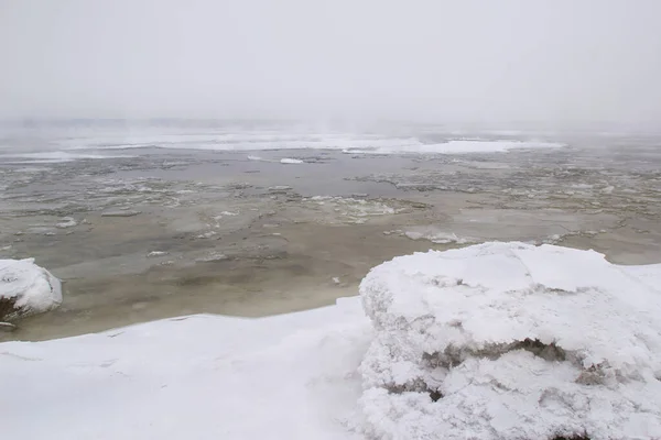 川氷の上に濃い霧の冬の風景や海岸沿いの霜で覆われた木々 — ストック写真