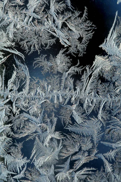 Macro Hermosos Patrones Intrincados Heladas Vidrio Día Frío Invierno — Foto de Stock