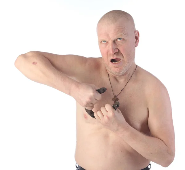 Portrait Adult Bald Man Naked Torso Trying Straighten Horseshoe White — Stock Photo, Image