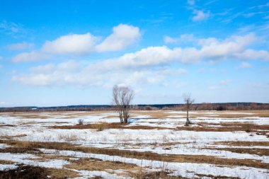 Geniş tarlalarda kar eriyor ilkbaharın başlarında, bulutlu bir günde gün batımında.