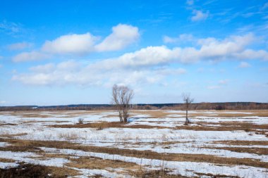 Geniş tarlalarda kar eriyor ilkbaharın başlarında, bulutlu bir günde gün batımında.