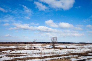 Geniş tarlalarda kar eriyor ilkbaharın başlarında, bulutlu bir günde gün batımında.
