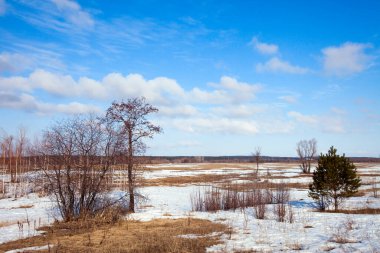 Geniş tarlalarda kar eriyor ilkbaharın başlarında, bulutlu bir günde gün batımında.