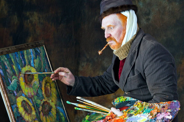 close-up portrait of the adult artist with red beard and mustache in the style of Vincent van Gogh studio on dark background