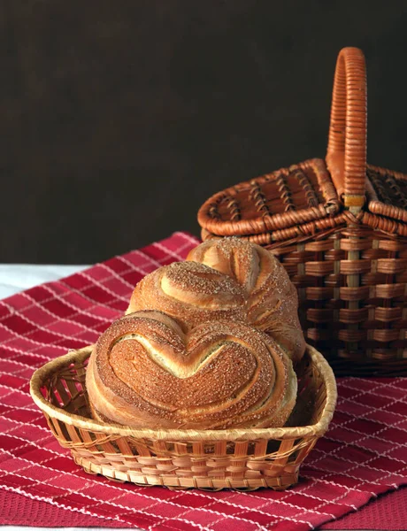 Close Two Sweet Biscuits Shape Hearts Basket Red Tablecloth Other — Stock Photo, Image