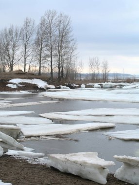 Baharın başlarında bulutlu bir günde nehir üzerindeki buz tabakası sürükleniyor.