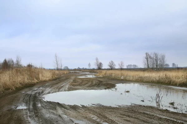 landscape season of bad roads, slush and snow melt in early spring