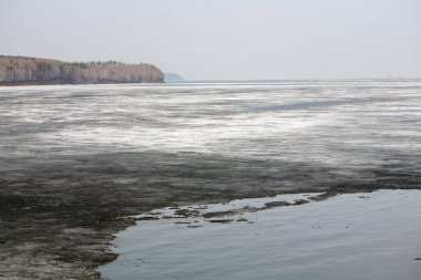 Nehir manzarası diseksiyonu ve ilkbaharın başlarında buz sürüklenmesi, kıyıdaki yapraksız ağaçlar ve bulutlu gökyüzü