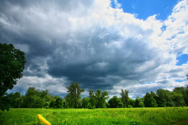 Letní Krajina Bílá Kumulus Mraky Nad Zelenou Loukou — Stock fotografie