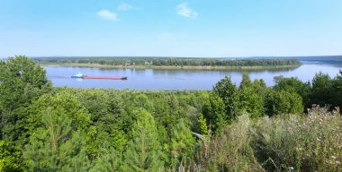 güneşli bir günde ağaçlı plajları ile nehir üzerinde yaz manzara mavna, üstten görünümü