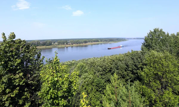 Zomer Landschap Barge Rivier Met Een Met Bomen Omzoomde Stranden — Stockfoto