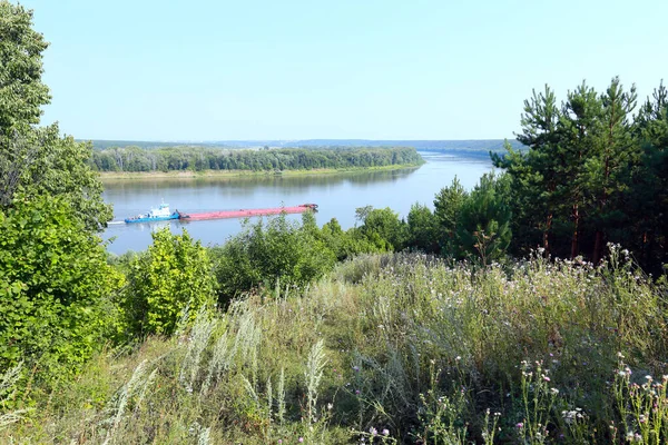 Zomer Landschap Barge Rivier Met Een Met Bomen Omzoomde Stranden — Stockfoto