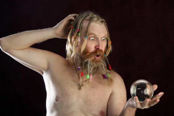 Retrato Cerca Hombre Con Barba Larga Bigote Pelo Trenzado Coletas —  Fotos de Stock