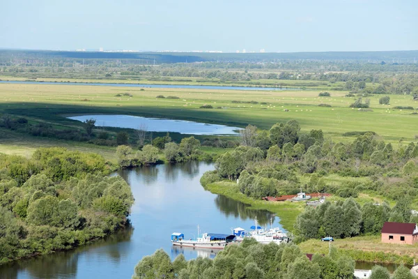 Beautiful Summer Landscape Navigable River Valley Fields Forests Top View — Stock Photo, Image