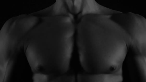 Starker Bodybuilder Posiert Und Trainiert Kontrastlicht Und Zeigt Seinen Körper — Stockvideo
