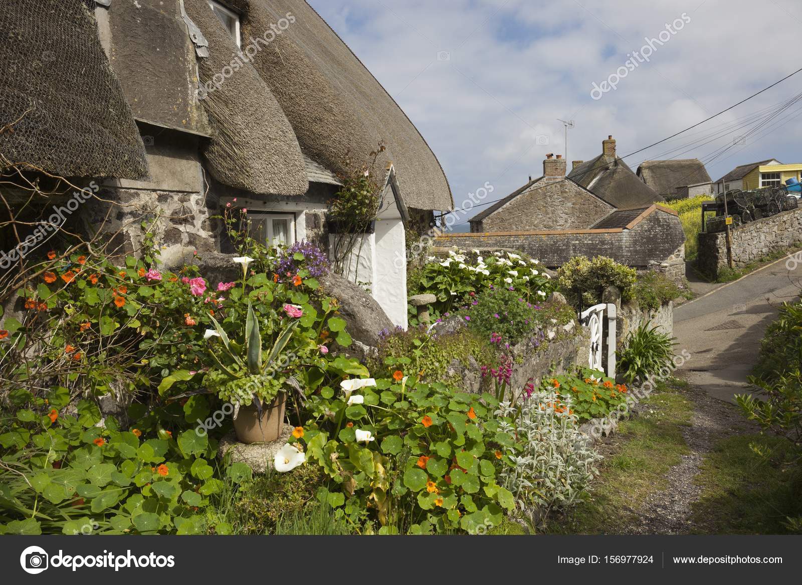 Thatched Cottages At Cadgwith Cove Cornwall England Stock