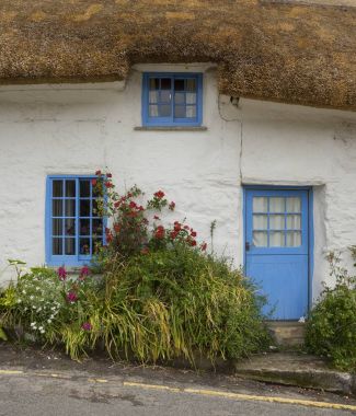 Patlamaları, taş yazlık thatched çatı, Cadgwith, Cornwall, İngiltere