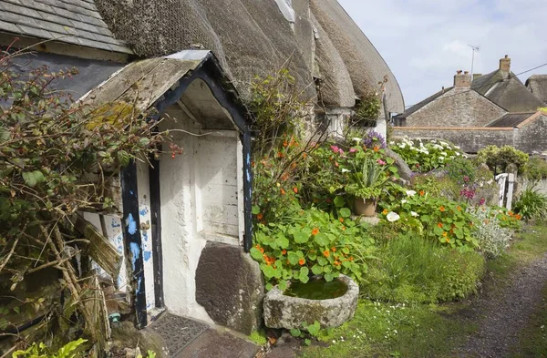 Reetgedeckte Ferienhäuser in cadgwith Bucht, Maismauer, England — Stockfoto