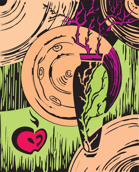 Dekoratif plaka, vazo ve elmanın arka planda olduğu renkli bir vektör.