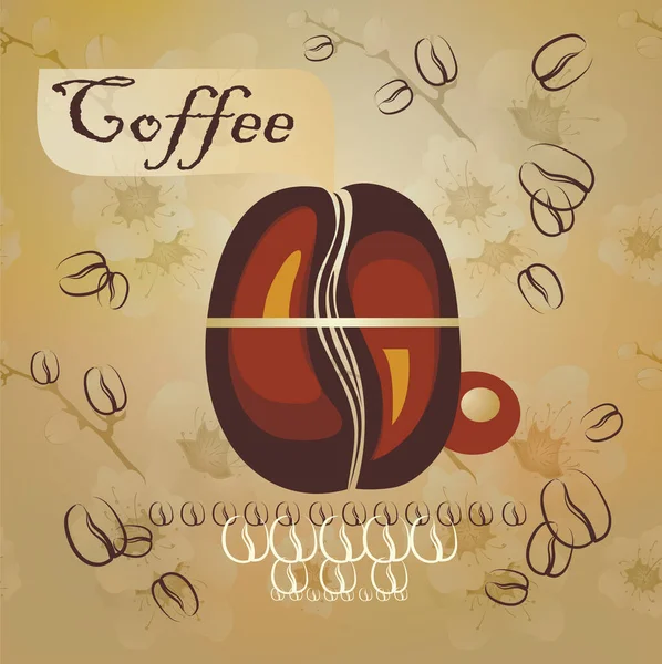 Altın arka planda çiçekli kahve fincanı ve kahve çekirdeği. Yaratıcı tasarım kafe fikri. Kahve ya da herhangi bir sıcak içecek ikonu. 