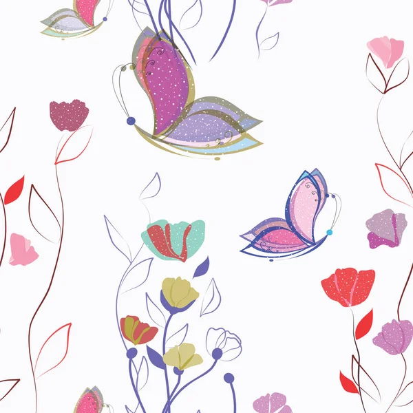 Textura Sin Costuras Vectorial Con Flores Colores Mariposa Púrpura Sobre — Vector de stock