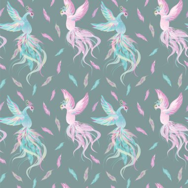 Mor ve mavi ateş kuşları ve gri arka planda renkli tüyleri olan kusursuz vektör dokusu 