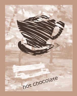 Sonbahar manzarasının arka planına yakın sıcak çikolatalı vektör tasarım kupası. Yedek kulübesi ve düşmüş yaprakları var. Tasarım kabı logosu 