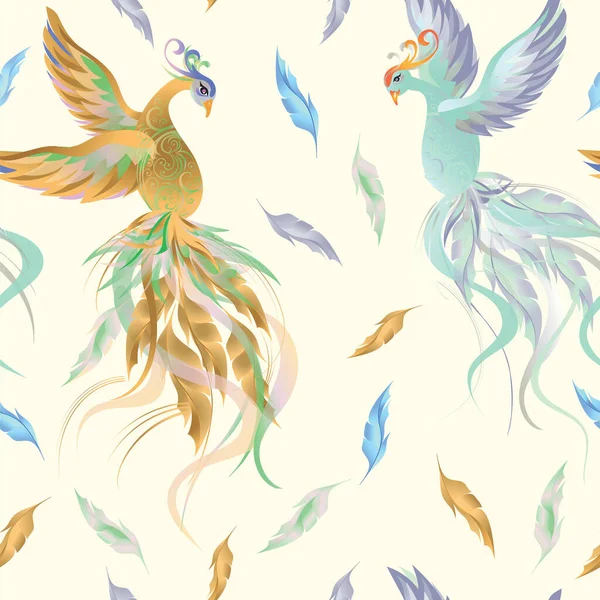 Seamless Vector Texture Purple Gold Firebirds Colorful Feathers White Background Vector Graphics