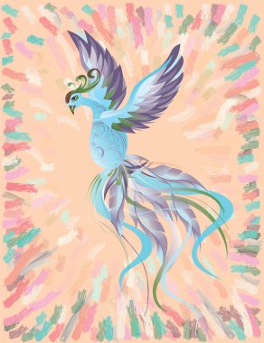 Mavi şömine kuşu ve açık turuncu arka planda renkli vuruşlar olan vektör tatil görüntüsü. Paskalya kartı