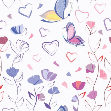 Renkli çiçekleri, kalpleri ve arka planda iki güzel kelebeği olan kusursuz bir dokuya sahip. Kalpli ve kelebekli sevgililer günü kartı