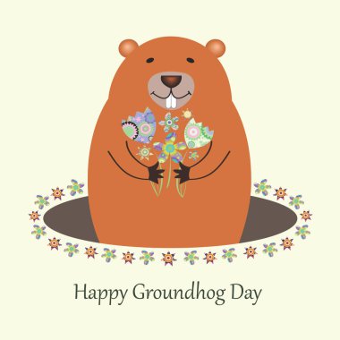 Tatlı dağ sıçanlı ve dekoratif çiçekli Köstebek Günü tasarımınız kutlu olsun. Holliday kartı 