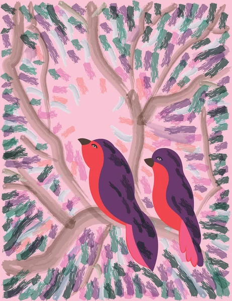 Wektor Stylizowany Wizerunek Dwa Ptak Gałąź Drzewo Tle Róża Zielony — Wektor stockowy