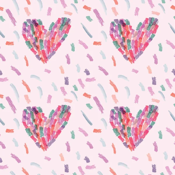 Textura Sin Costura Vectorial Con Pinceladas Colores Hermosos Corazones Decorativos — Vector de stock