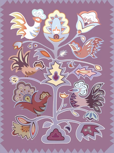 Ozdobný Strom Pěti Barevnými Ptáky Květy Purpurovém Pozadí Dekorativním Rámem — Stockový vektor