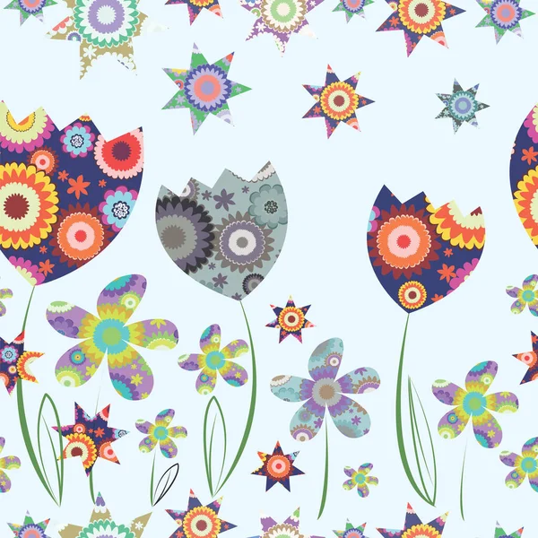 Dekoratif renkli çiçekli kusursuz doku ve beyaz arka planda yıldızlar. Tatil dekoratif kartı