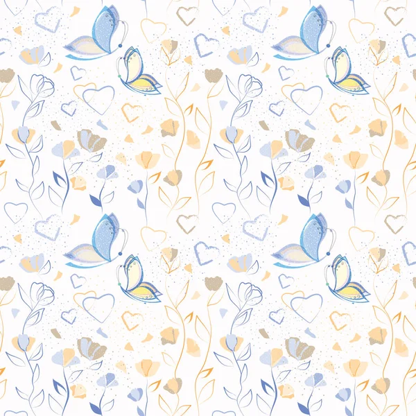 Textura Sin Costuras Vectorial Con Flores Colores Corazones Hermosas Mariposas — Vector de stock