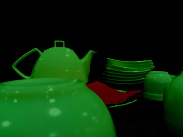 Clean dishes closeup. Cafe background. Bar counter with cups, saucers, teapot in green lights. — Stock Photo, Image